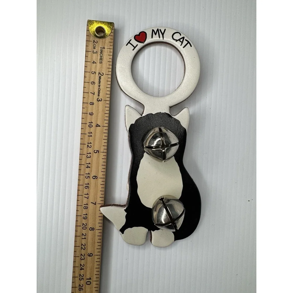 I Love My Cat Bells Leather Door Hanger Belsnickel Bell People Black White NWT